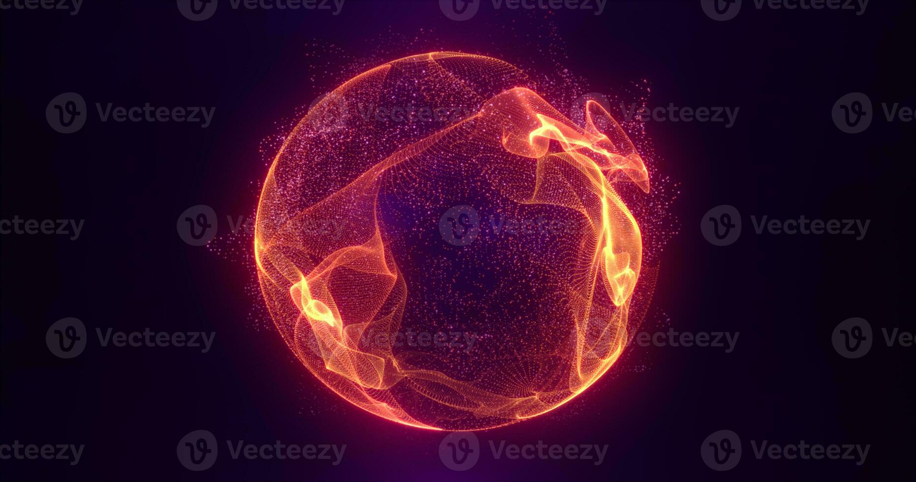 Abstract orange fire energy sphere of particles and waves of magical glowing on a dark background photo