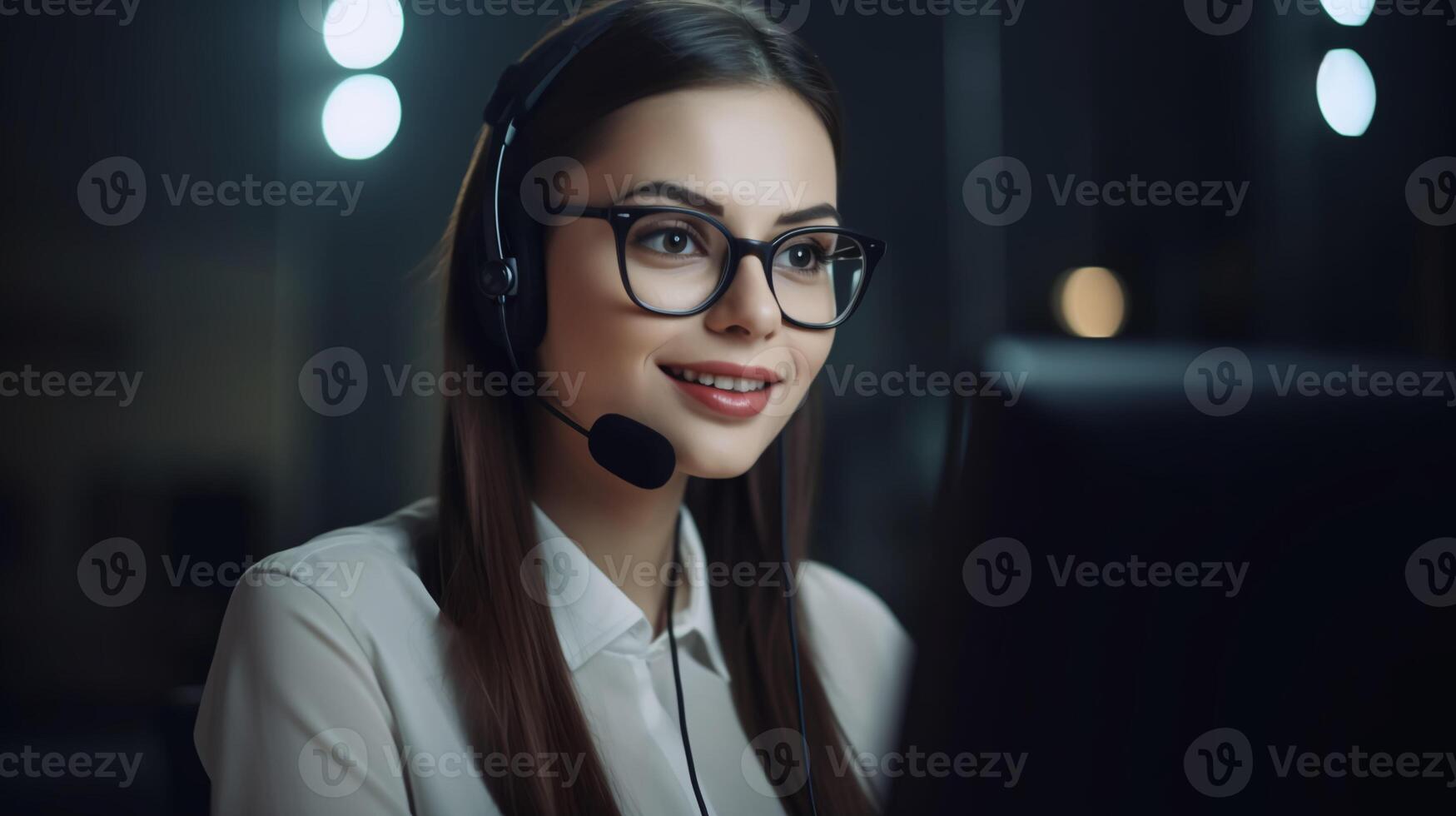 Beautiful woman call center worker in headphones in the office works at a computer. The concept of customer service. photo