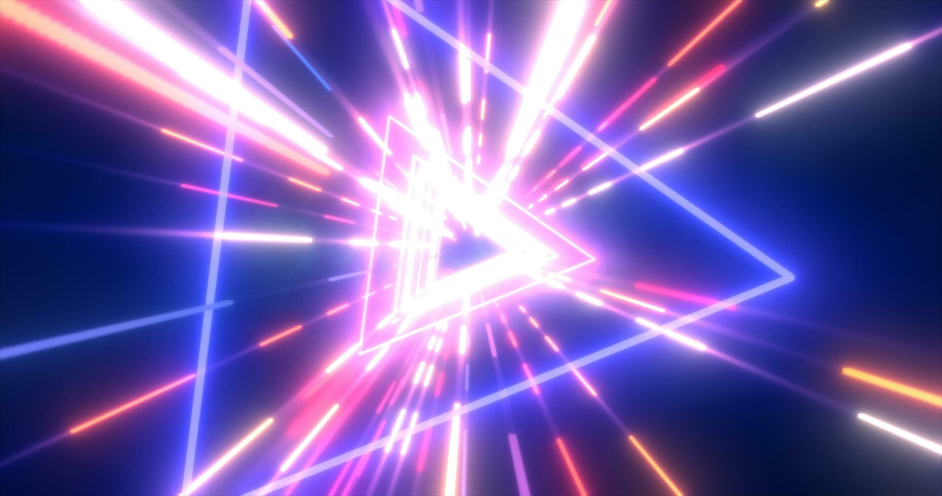 Abstract purple energy futuristic hi-tech tunnel of flying triangles and lines neon magic glowing background photo