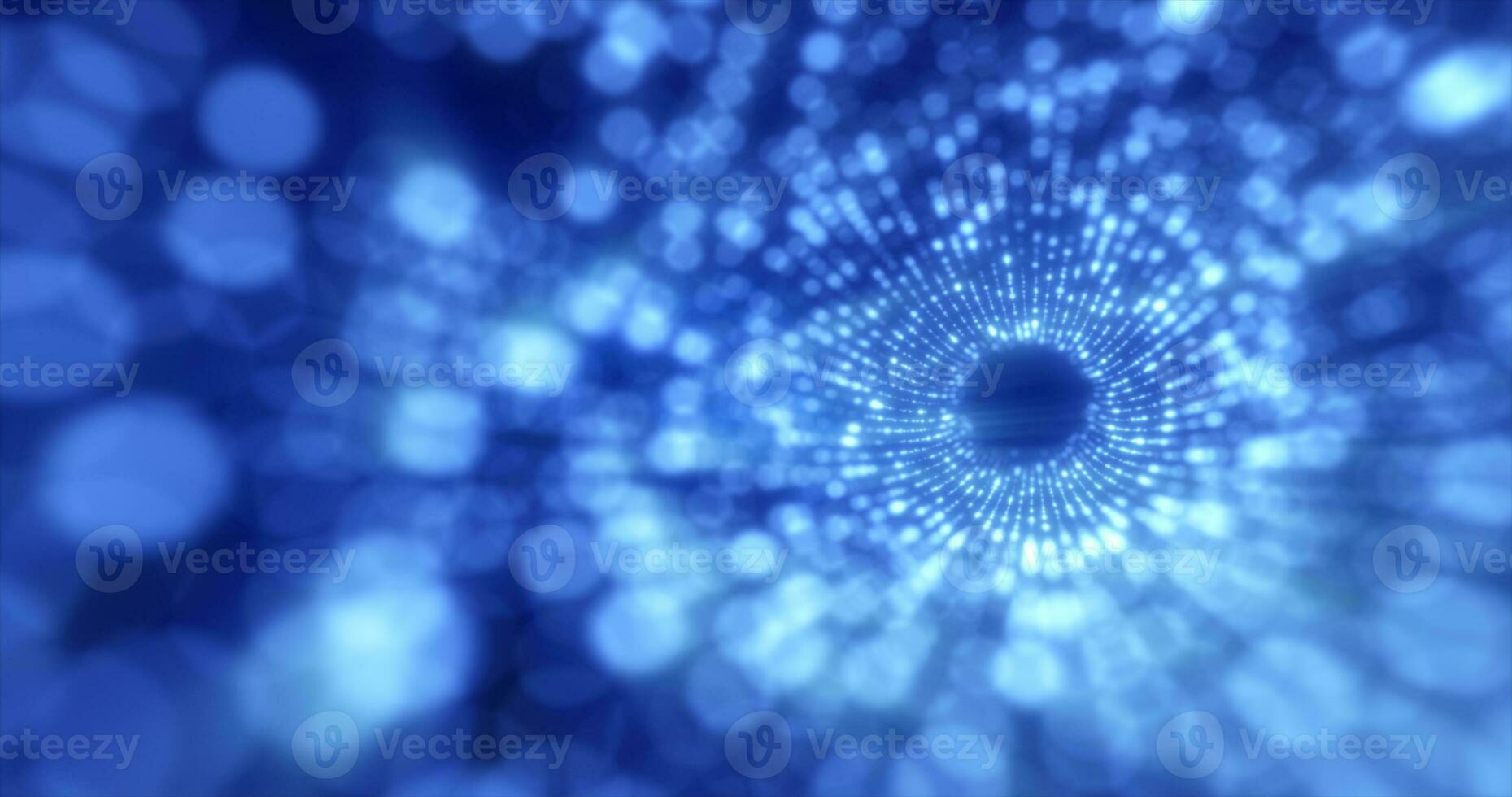 Tunnel of blue energy particles blurred bokeh glowing bright abstract background photo
