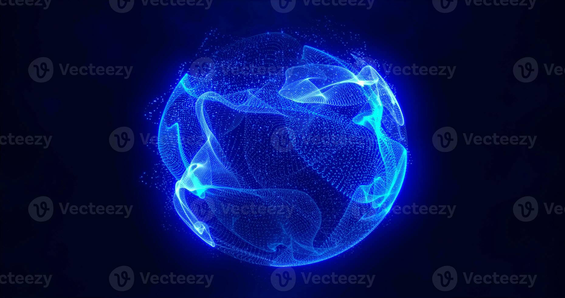 Abstract blue energy sphere of particles and waves of magical glowing on a dark background photo