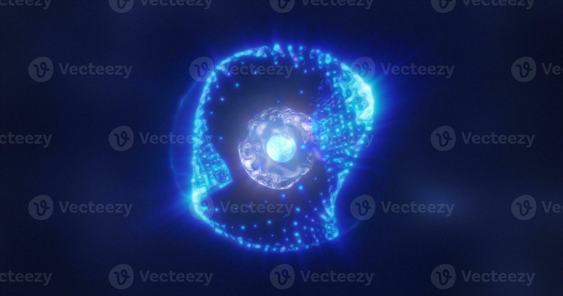 Abstract blue energy sphere with flying glowing bright particles, science futuristic atom with electrons hi-tech background photo