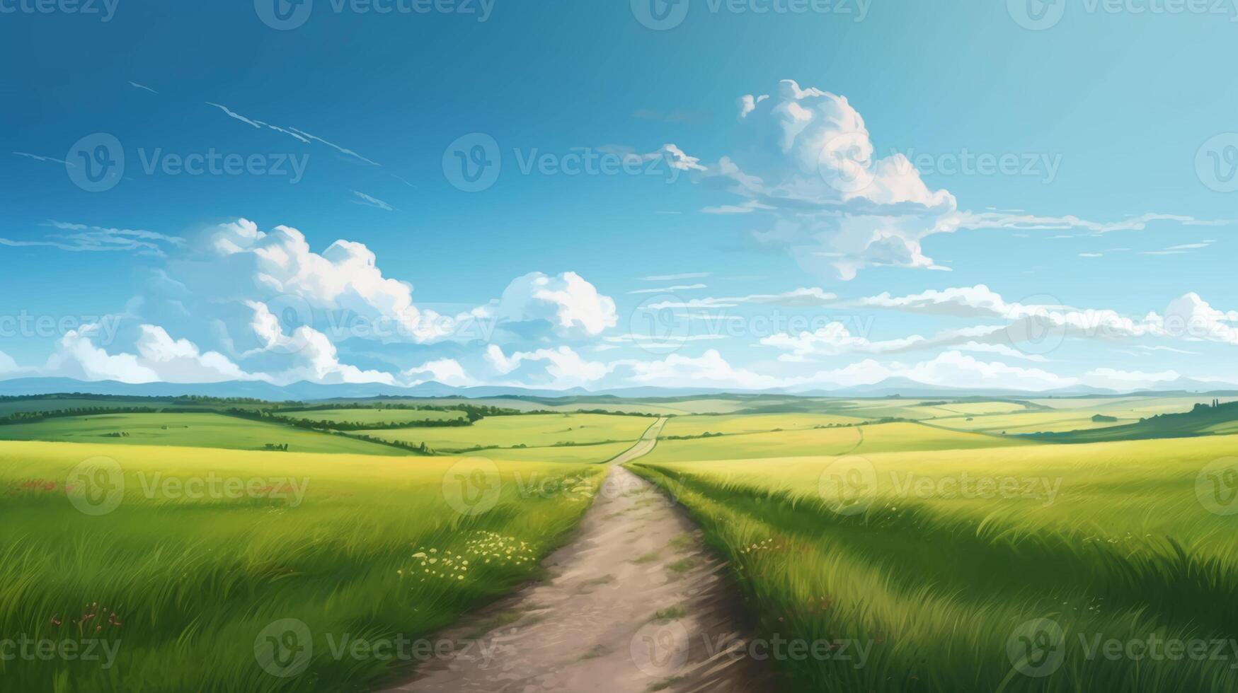Rustic dirt scenic road with green grass and skyline with blue sky. photo