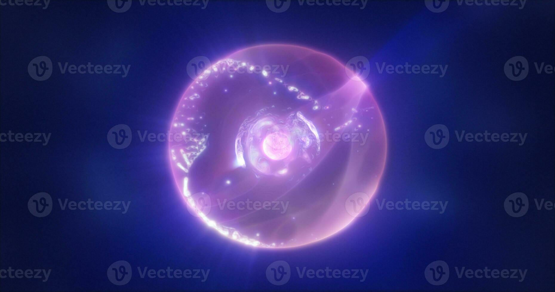 Abstract purple energy sphere with flying glowing bright particles, science futuristic atom with electrons hi-tech background photo