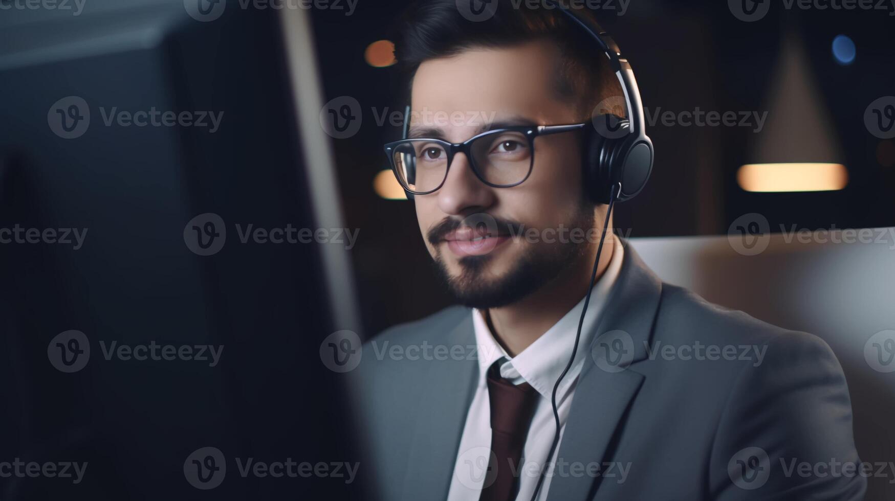 hermoso masculino llamada centrar trabajador en auriculares en el oficina trabajos a un computadora. el concepto de cliente servicio. ai generado foto