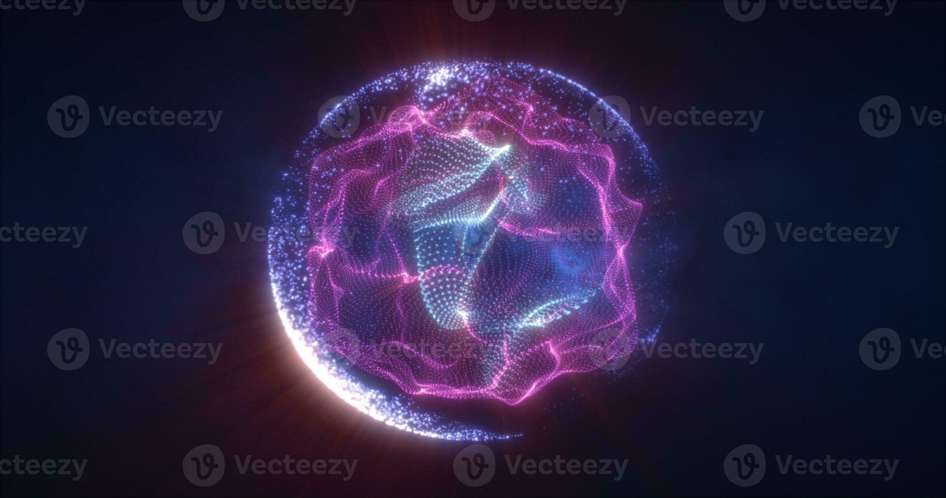 Abstract purple energy sphere from particles and waves of magical glowing on a dark background photo