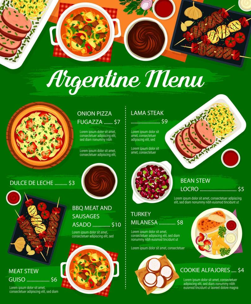 Argentine cuisine meat and vegetable meals menu vector