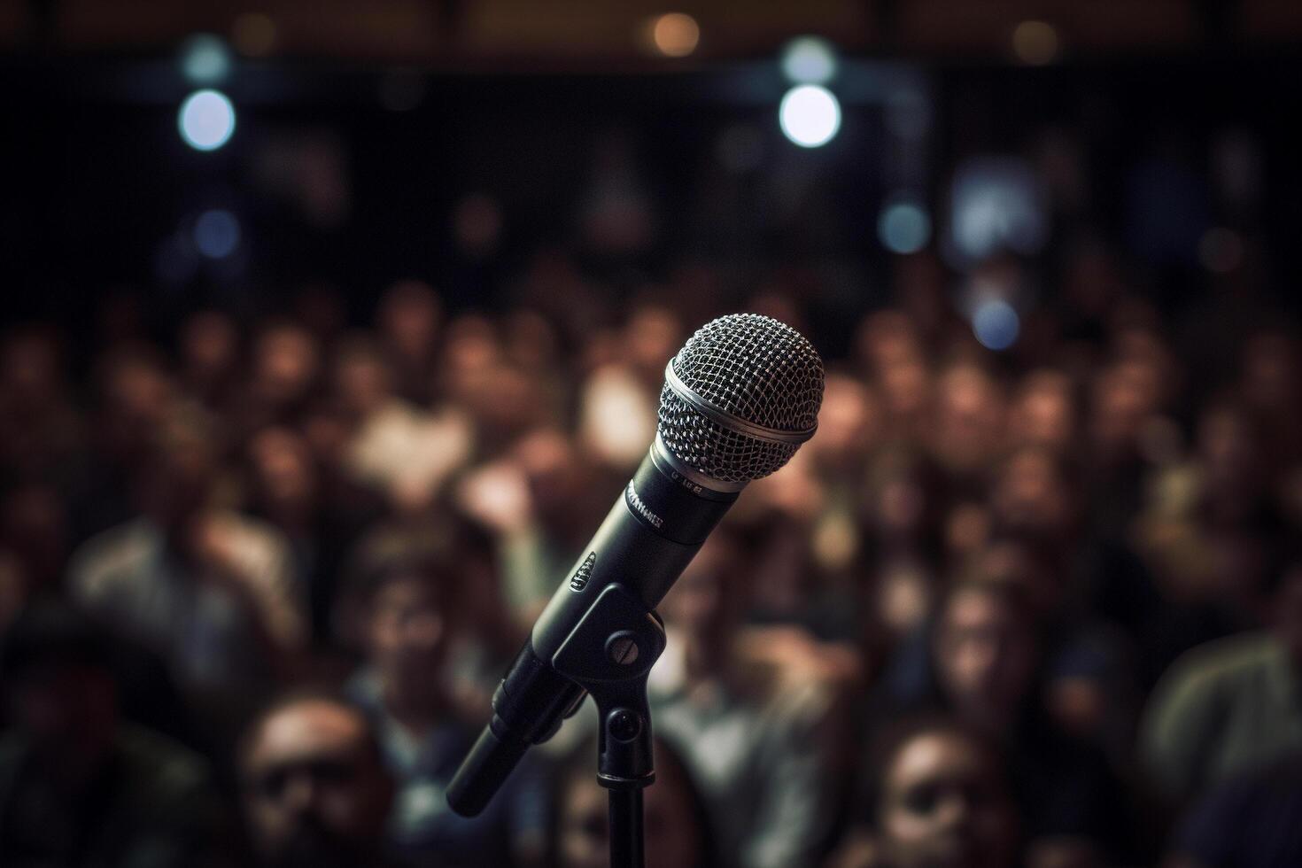 A microphone in front of the crowd, photo