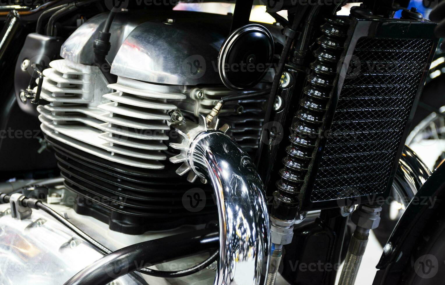 Close up shiny retro motorcycle engine photo