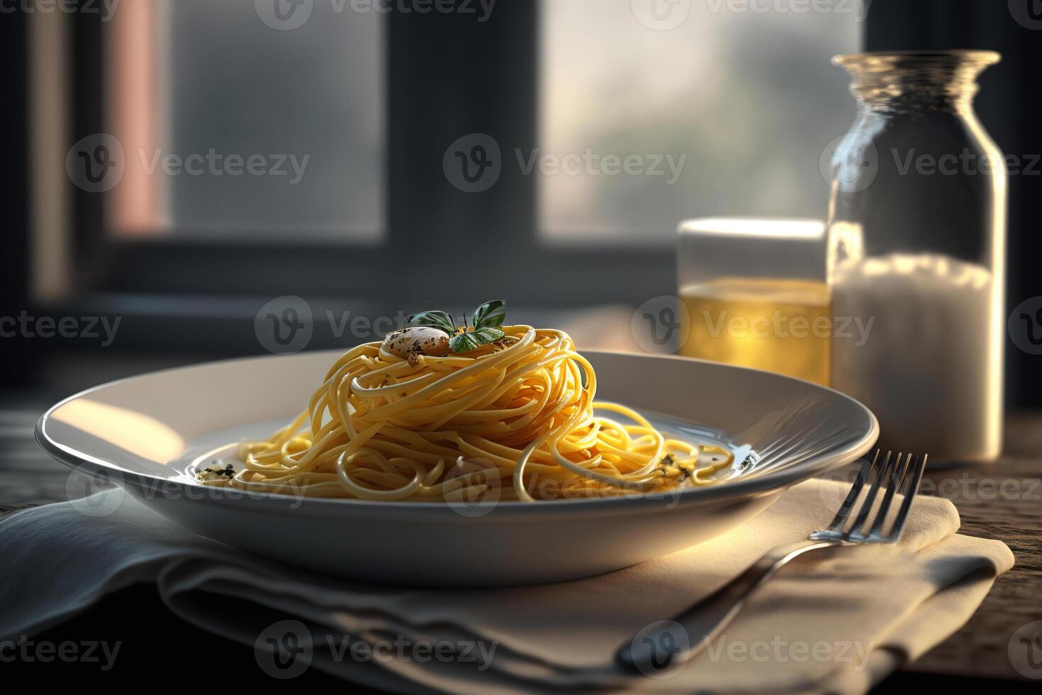 Italian pasta, cooked spaghetti in plate, fork and drink on table by window. Traditional dish . . photo