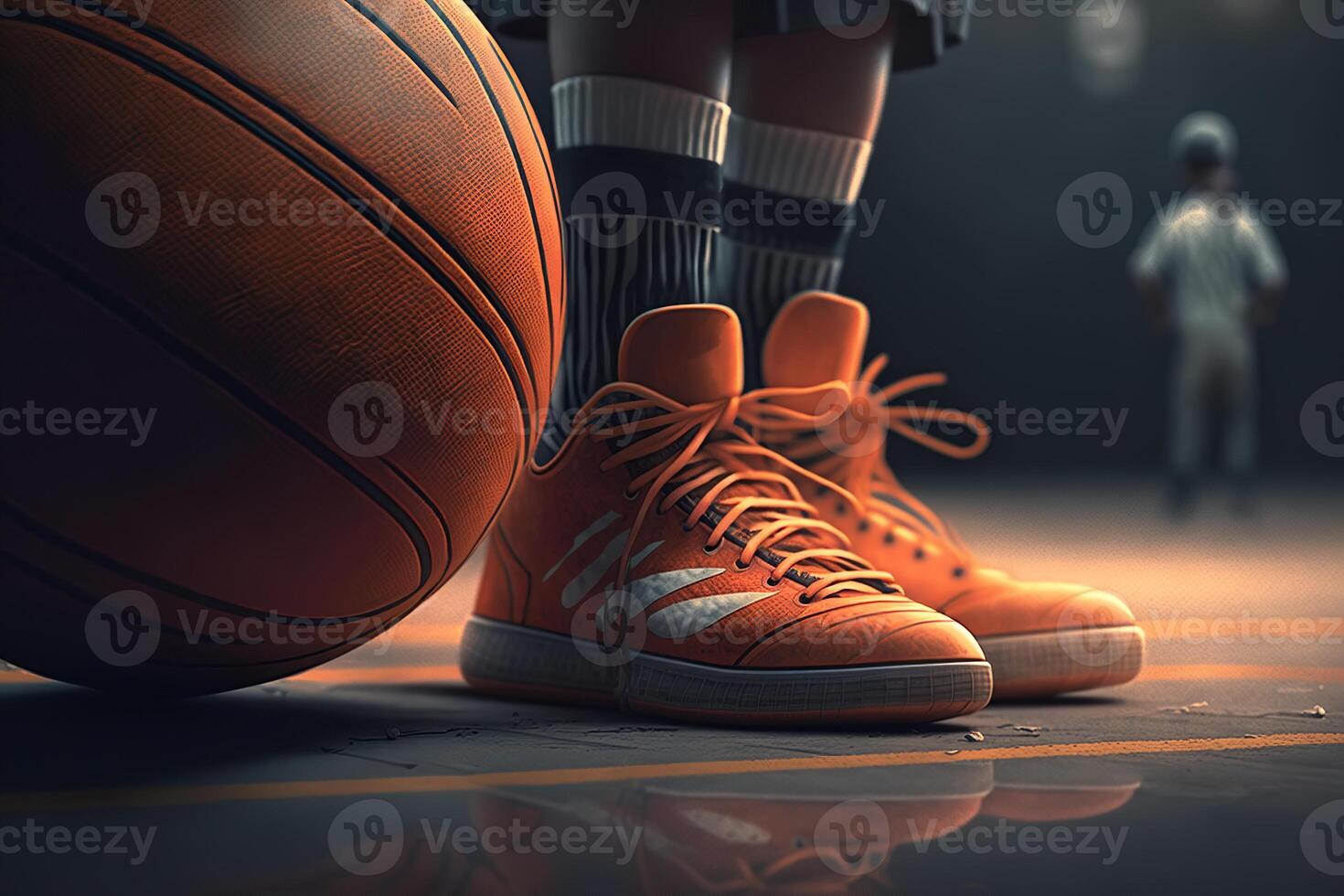 Basketball, sport concept. Game ball near feet of player in sneakers in gym. Close-up, low angle view. photo