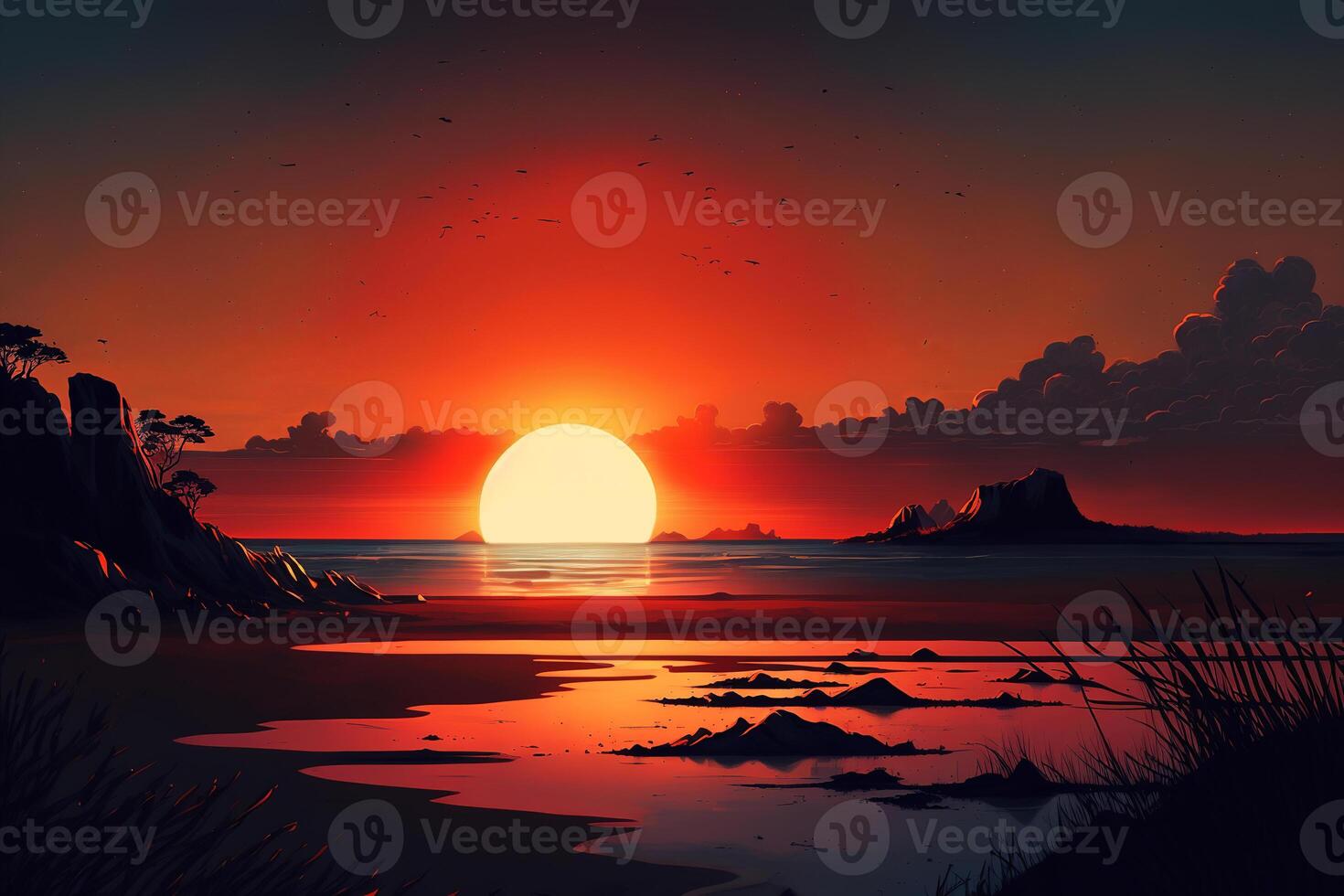 Sunset on the sea, red bright sun. landscape illustration photo