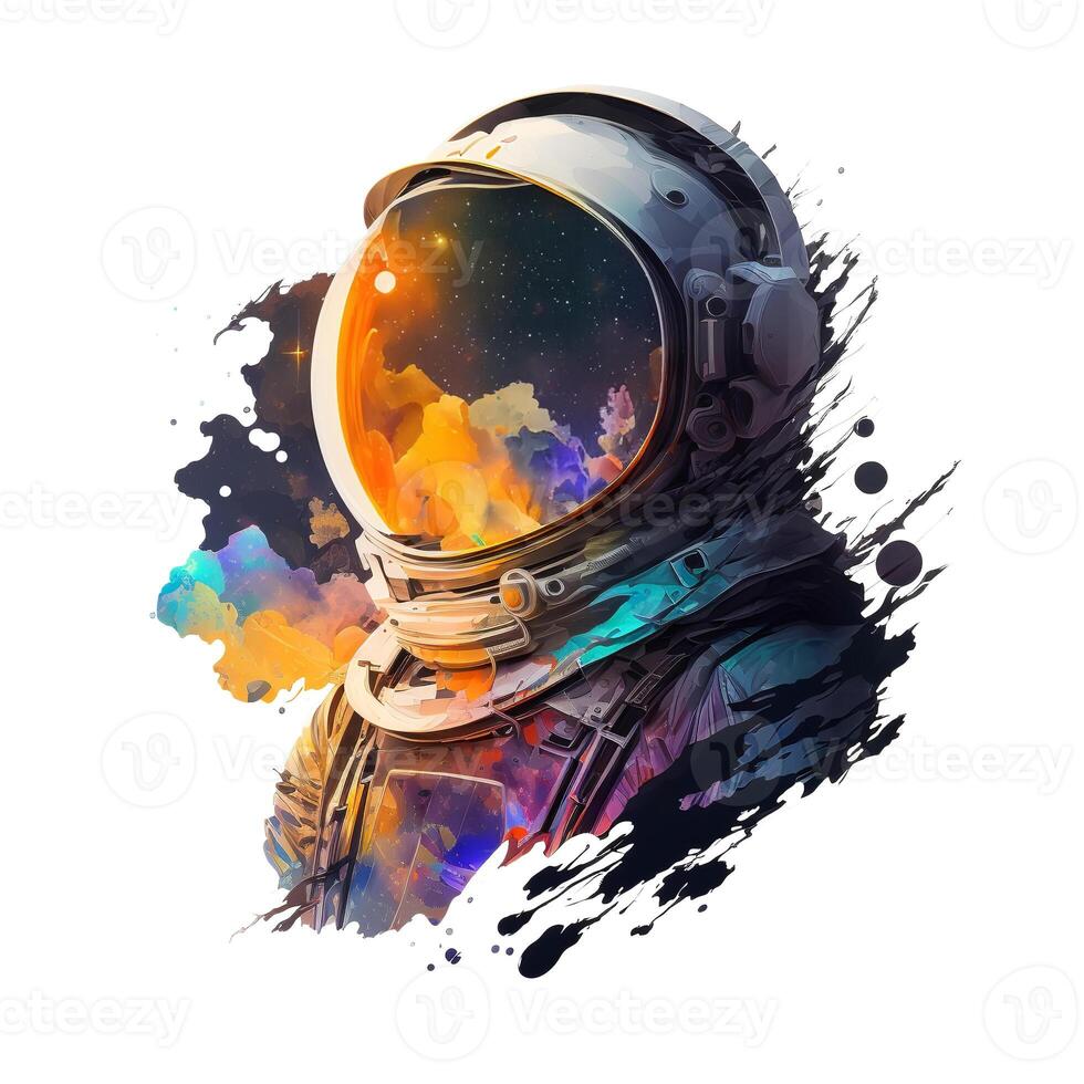 Cosmonaut in spacesuit, space in reflection. Multicolored abstract illustration isolated on white background. photo