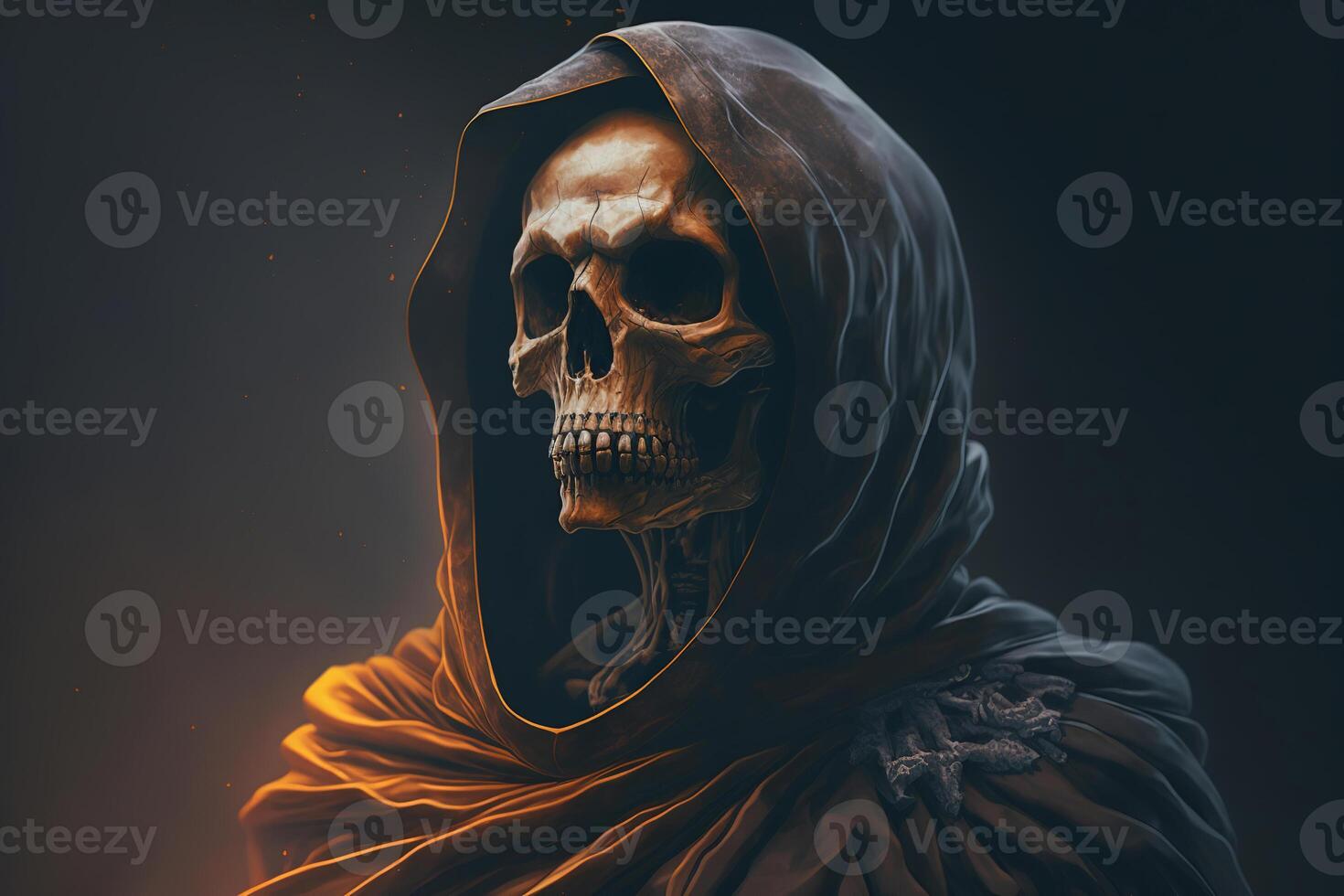 Death, skeleton dead man concept. Portrait of scary skull in hood, indoors. Dark fantasy gothic illustration photo