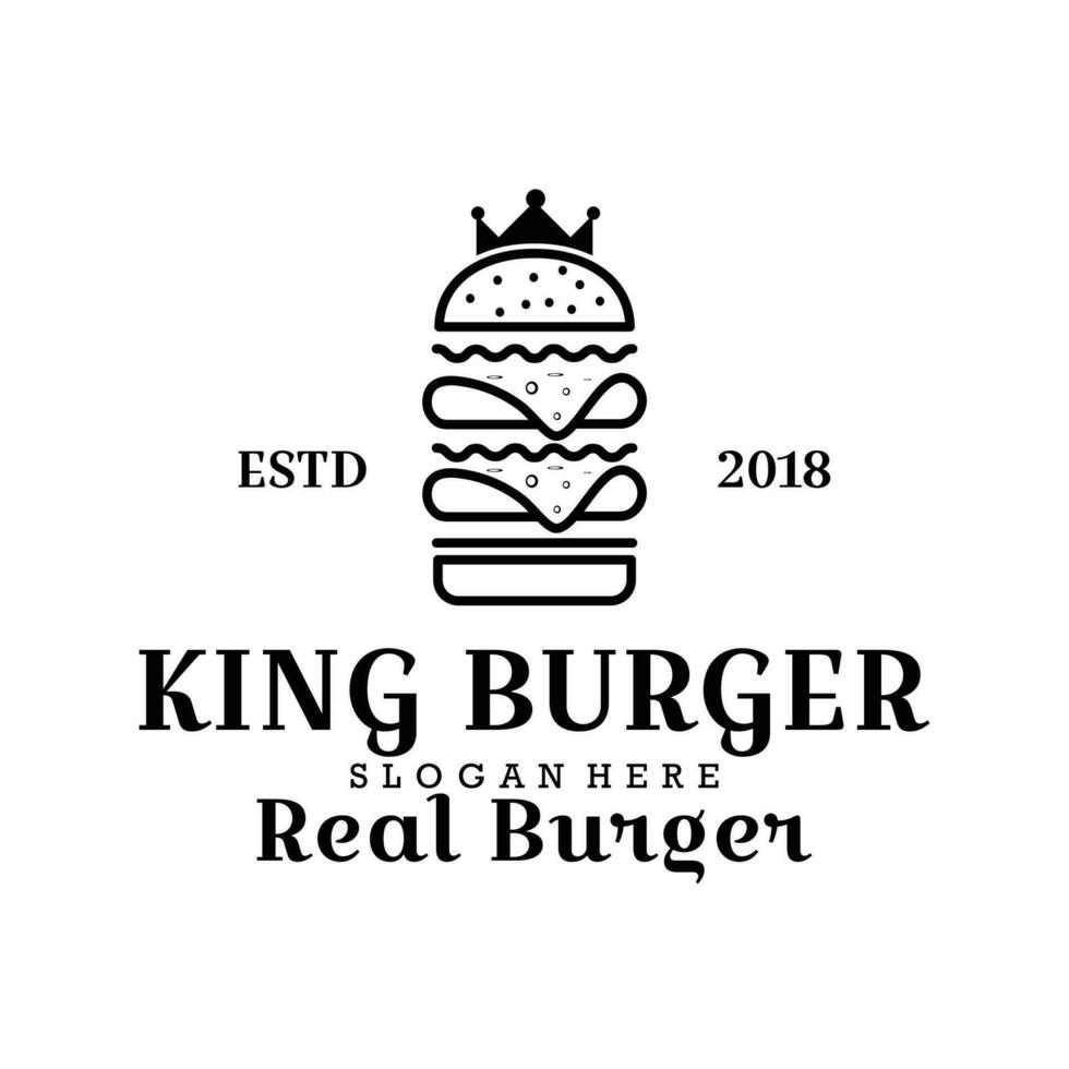 Burger factory logo. Hamburger restaurant emblem. Linear flat logo. Big burger and letters on a dark background. vector