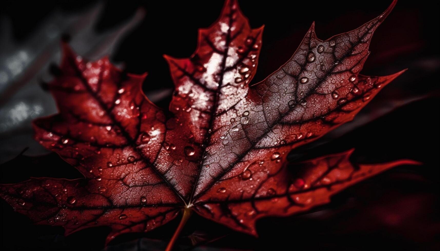 Vibrant maple leaf, wet with rain drops generated by AI photo