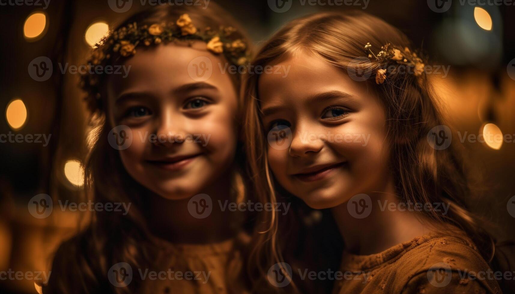 Two cute girls smiling, looking at camera generated by AI photo