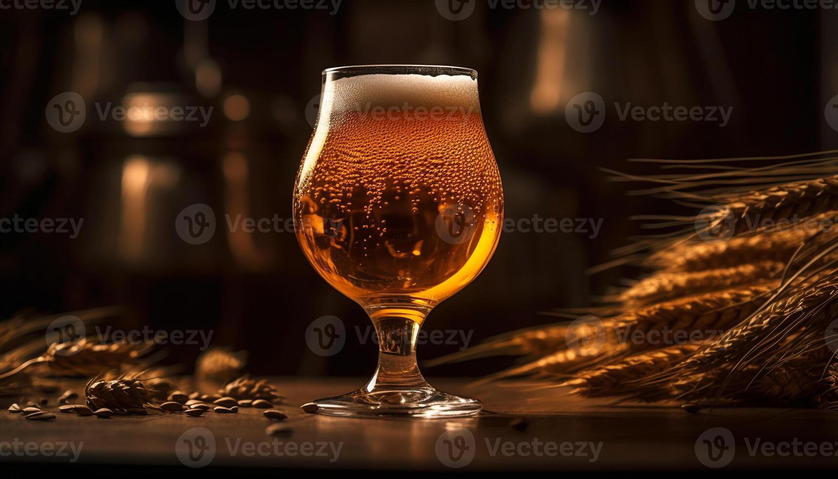 Foamy beer in gold pint glass, rustic background generated by AI photo