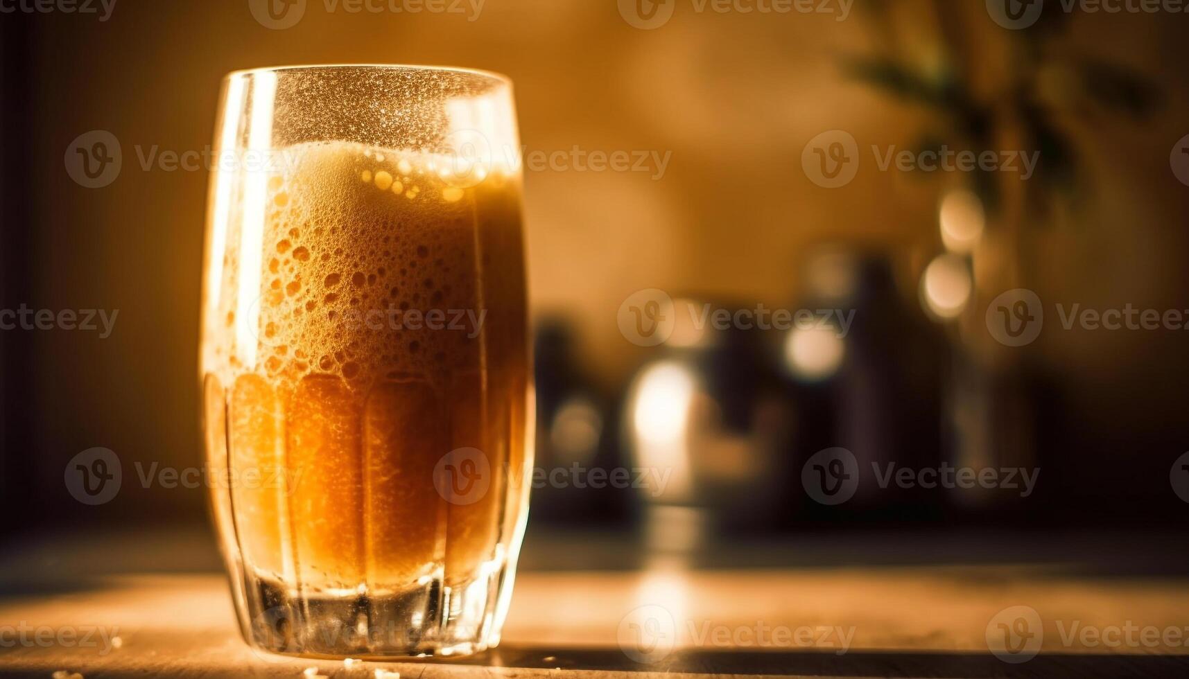 espumoso cerveza vaso en de madera bar mostrador generado por ai foto