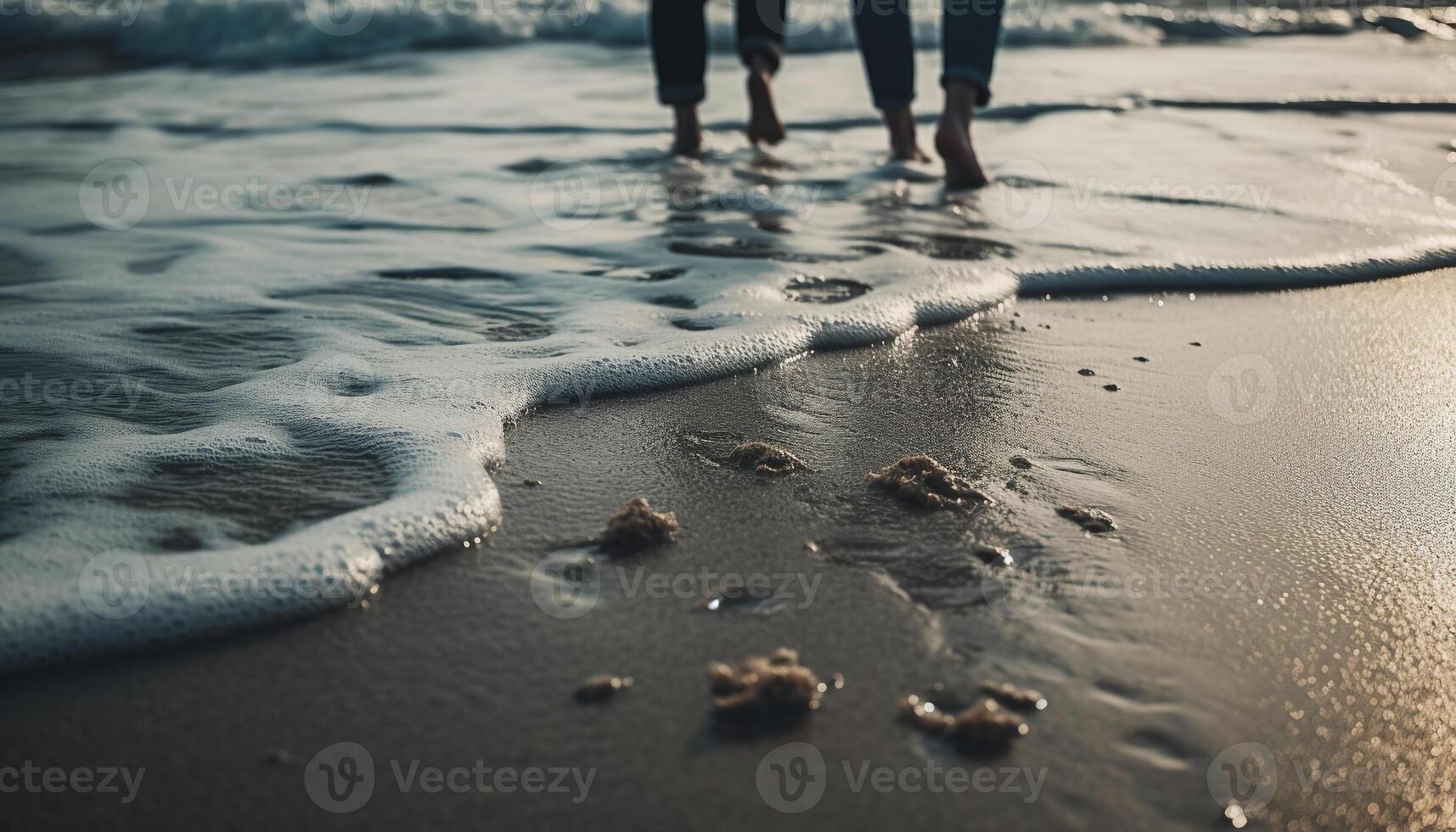 Barefoot love walking on wet sand together generated by AI photo