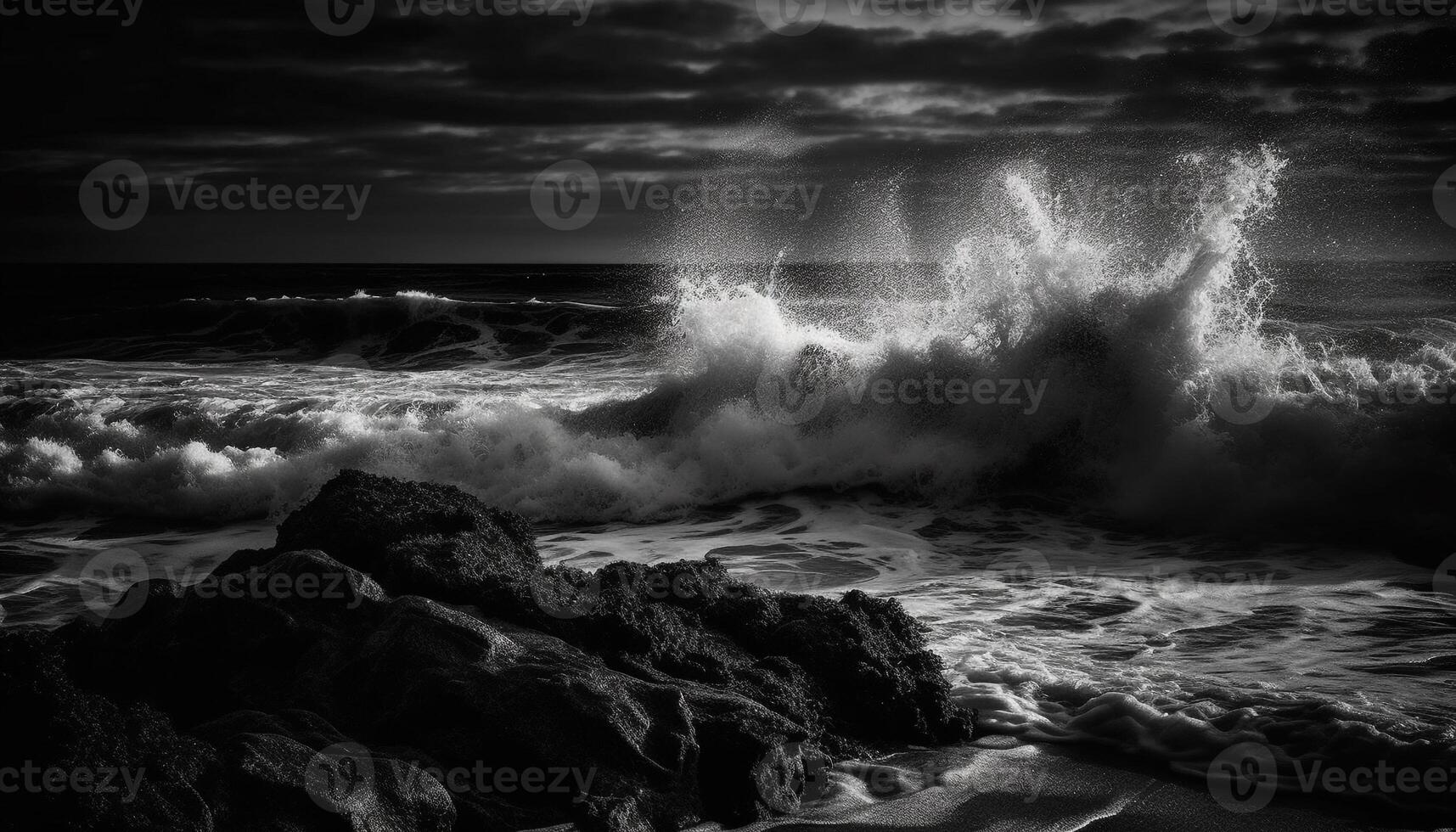 Breaking waves crash on rocky coastline, dramatic beauty generated by AI photo