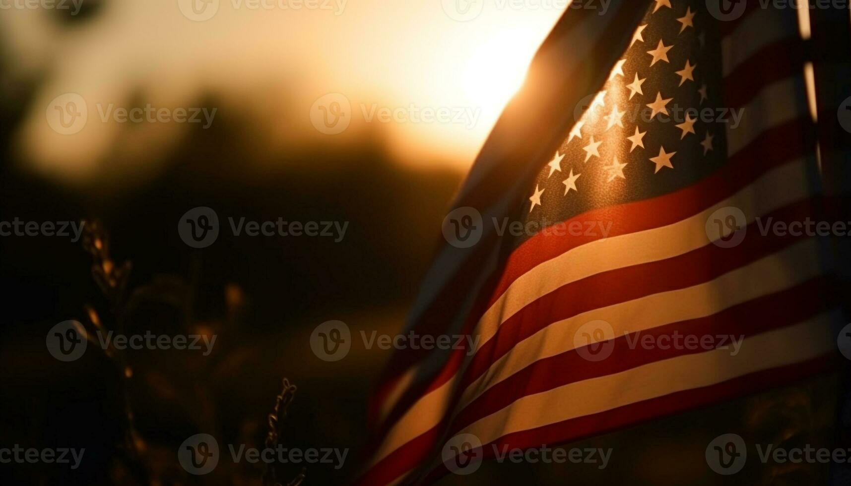 American flag waving in sunset, symbolizing freedom generated by AI photo