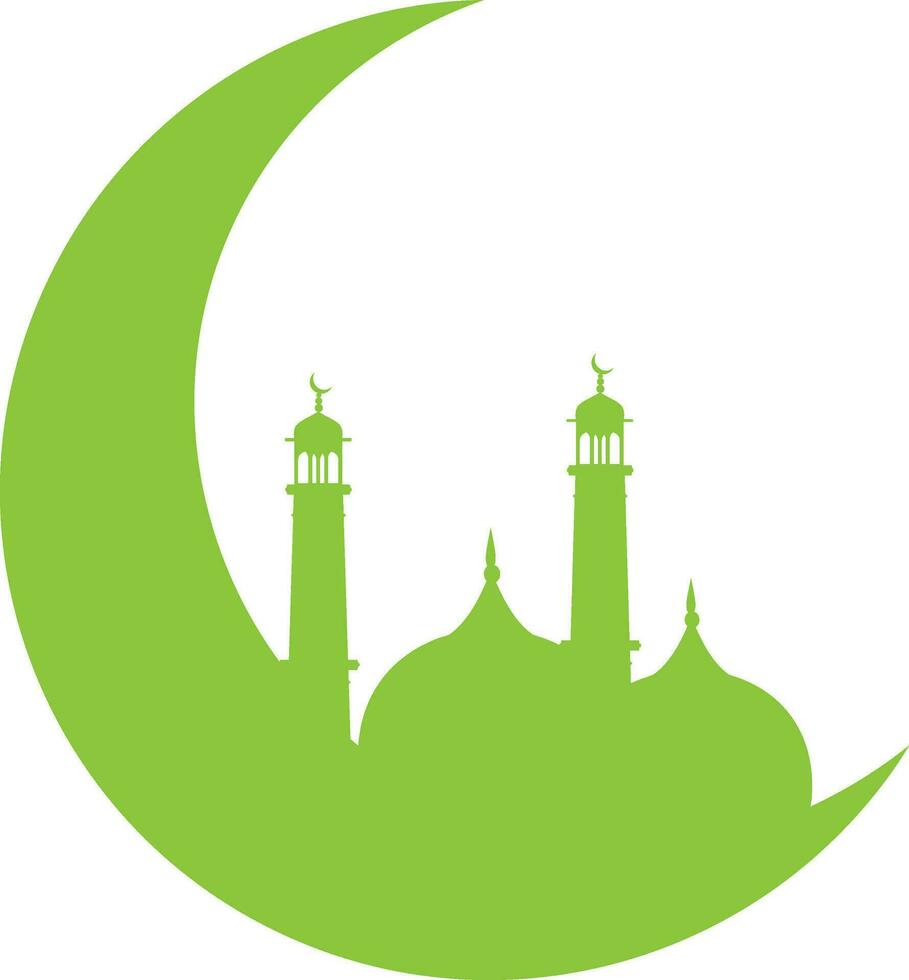 silueta de mezquita en Luna en verde color. vector