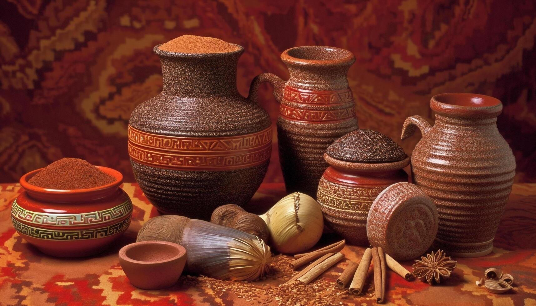 Antique terracotta jar with ornate pattern, a cultural souvenir generated by AI photo