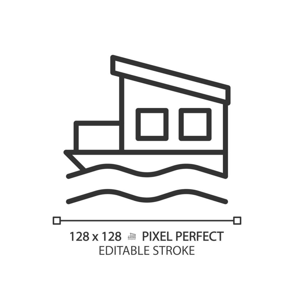 Houseboat pixel perfect linear icon. Float house. Moored building in lake, river. Modern property. Real estate. Thin line illustration. Contour symbol. Vector outline drawing. Editable stroke