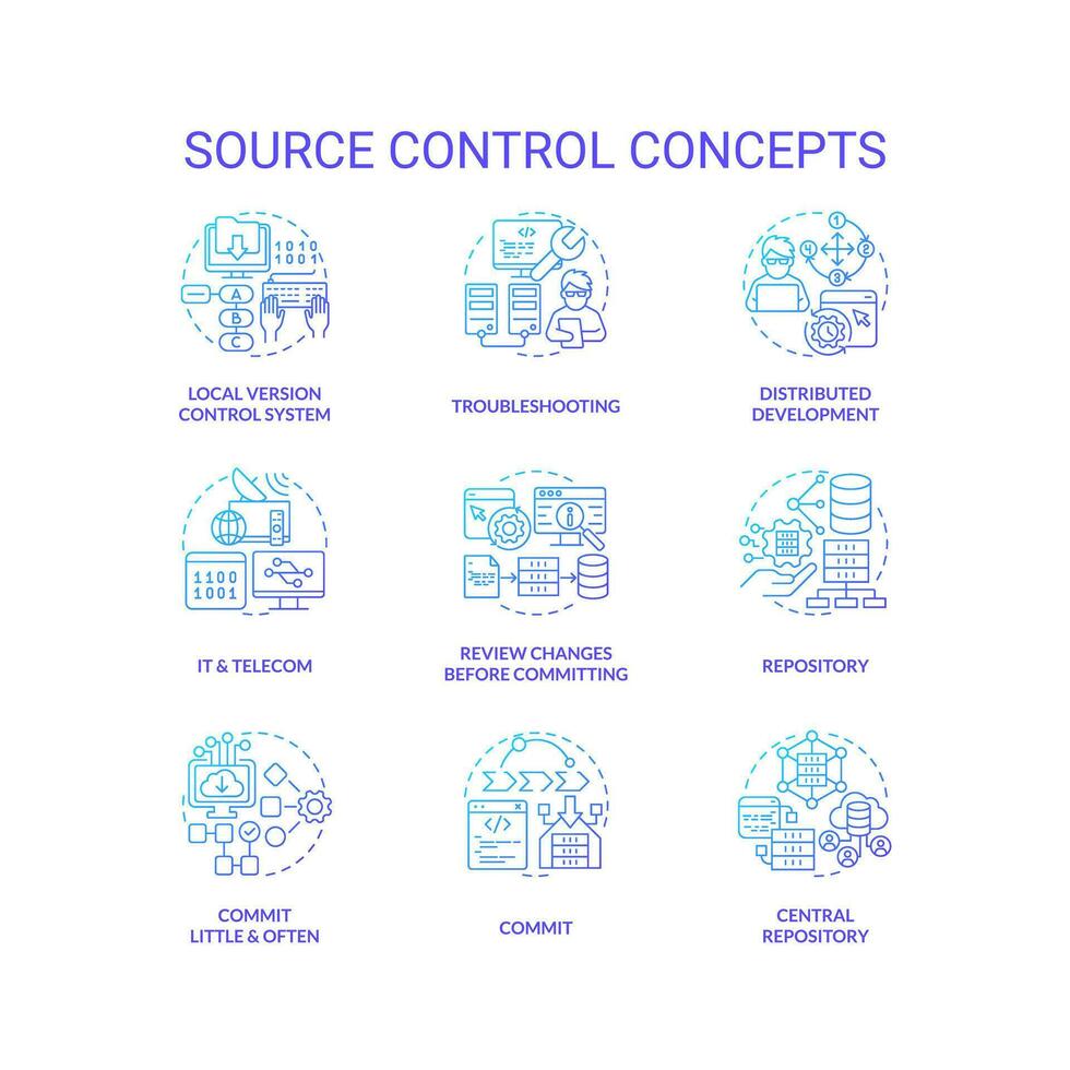 Source control blue gradient concept icons set. Tracking and managing changes to code idea thin line color illustrations. Isolated symbols vector