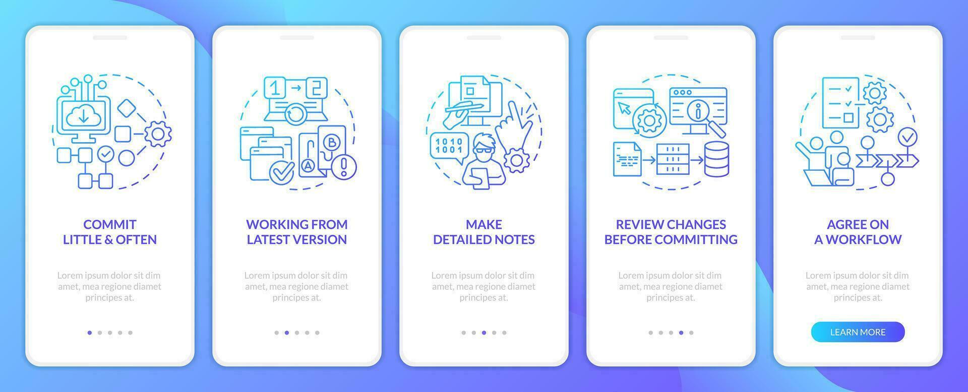 Source code management practices blue gradient onboarding mobile app screen. Walkthrough 5 steps graphic instructions with linear concepts. UI, UX, GUI templated vector