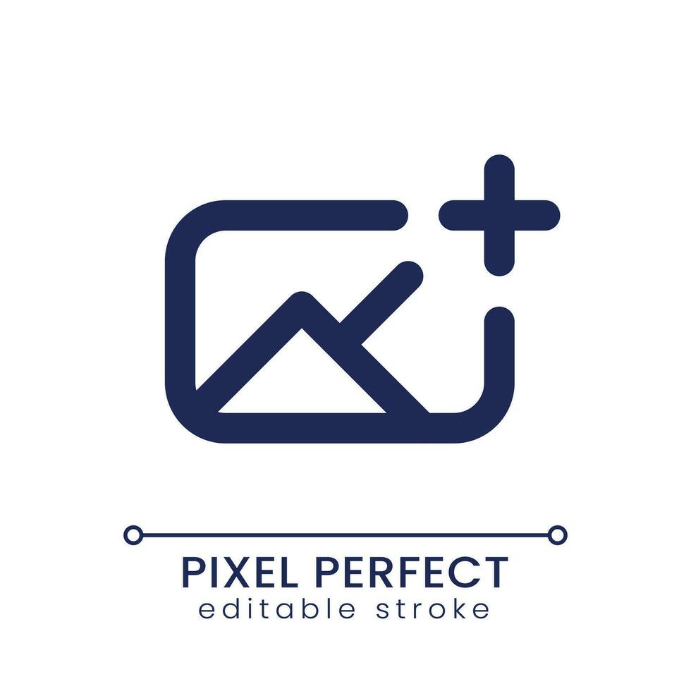 Add image pixel perfect linear ui icon. Insert photo into footage. Editing tool. Overlay picture on video. GUI, UX design. Outline isolated user interface element for app and web. Editable stroke vector