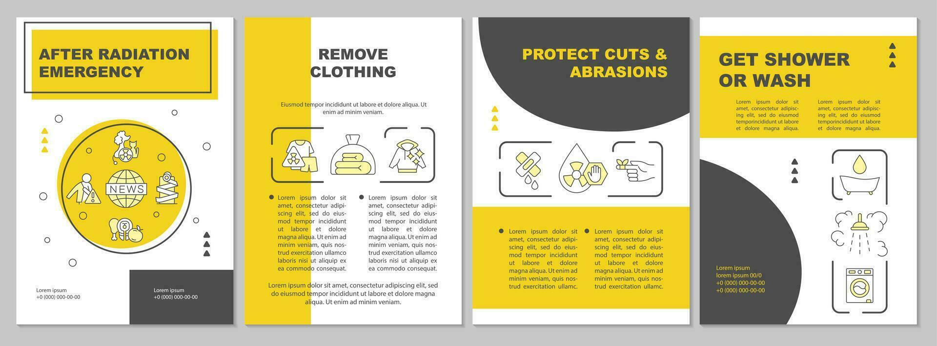 Decontaminate emergency yellow brochure template. Radiation. Leaflet design with linear icons. Editable 4 vector layouts for presentation, annual reports