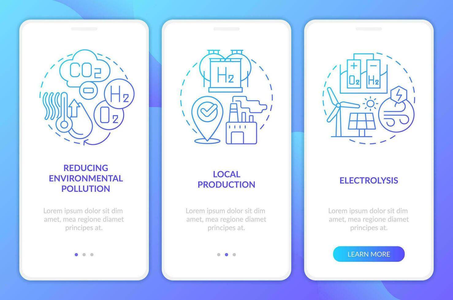 Advantages of hydrogen blue gradient onboarding mobile app screen. H2 pros walkthrough 3 steps graphic instructions with linear concepts. UI, UX, GUI template vector