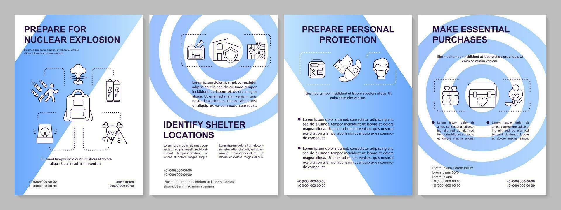 Prepare for nuclear explosion blue gradient brochure template. Leaflet design with linear icons. 4 vector layouts for presentation, annual reports