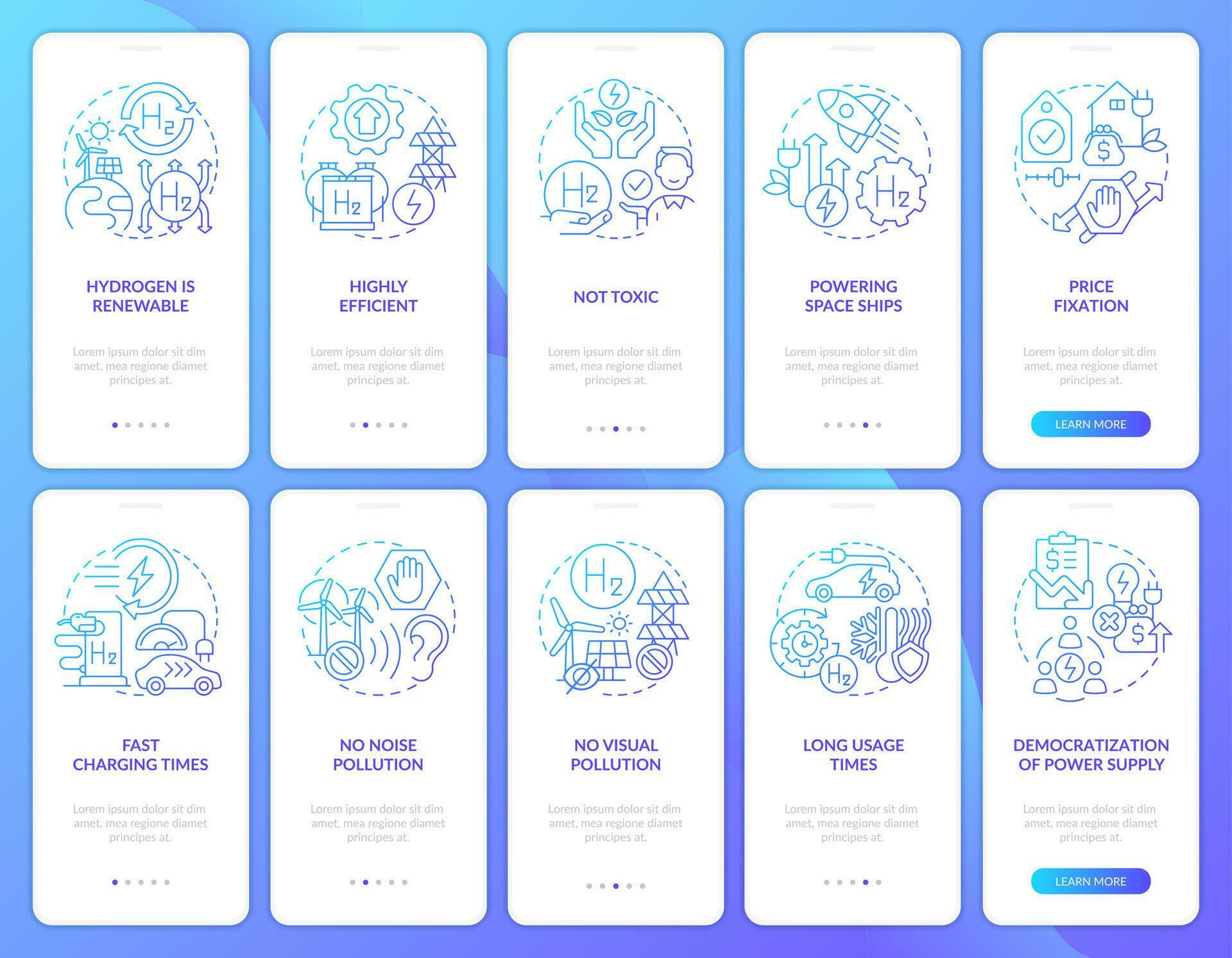 Pros of hydrogen blue gradient onboarding mobile app screen set. H2 ...
