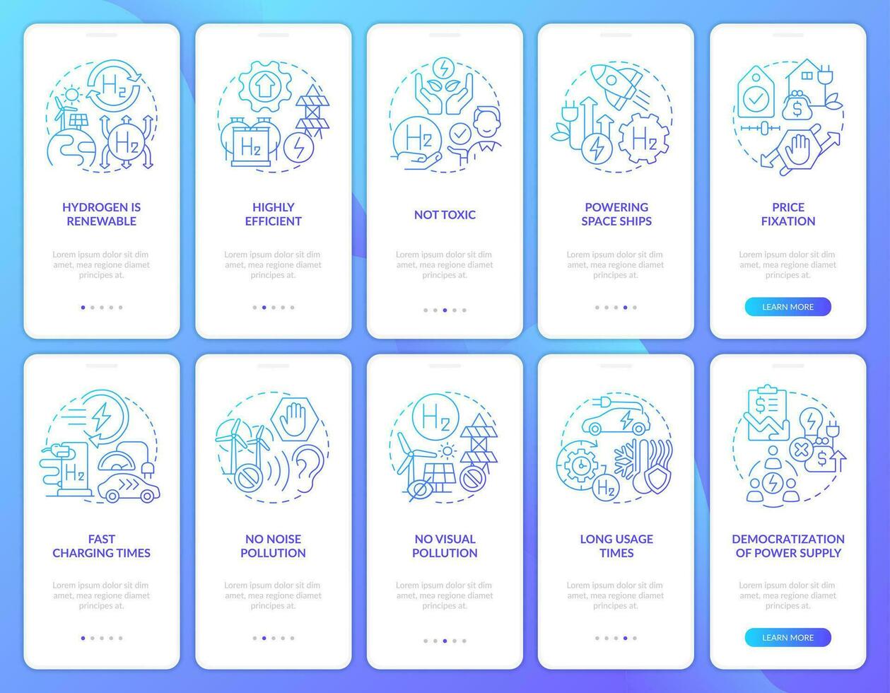 Pros of hydrogen blue gradient onboarding mobile app screen set. H2 usage walkthrough 5 steps graphic instructions with linear concepts. UI, UX, GUI template vector