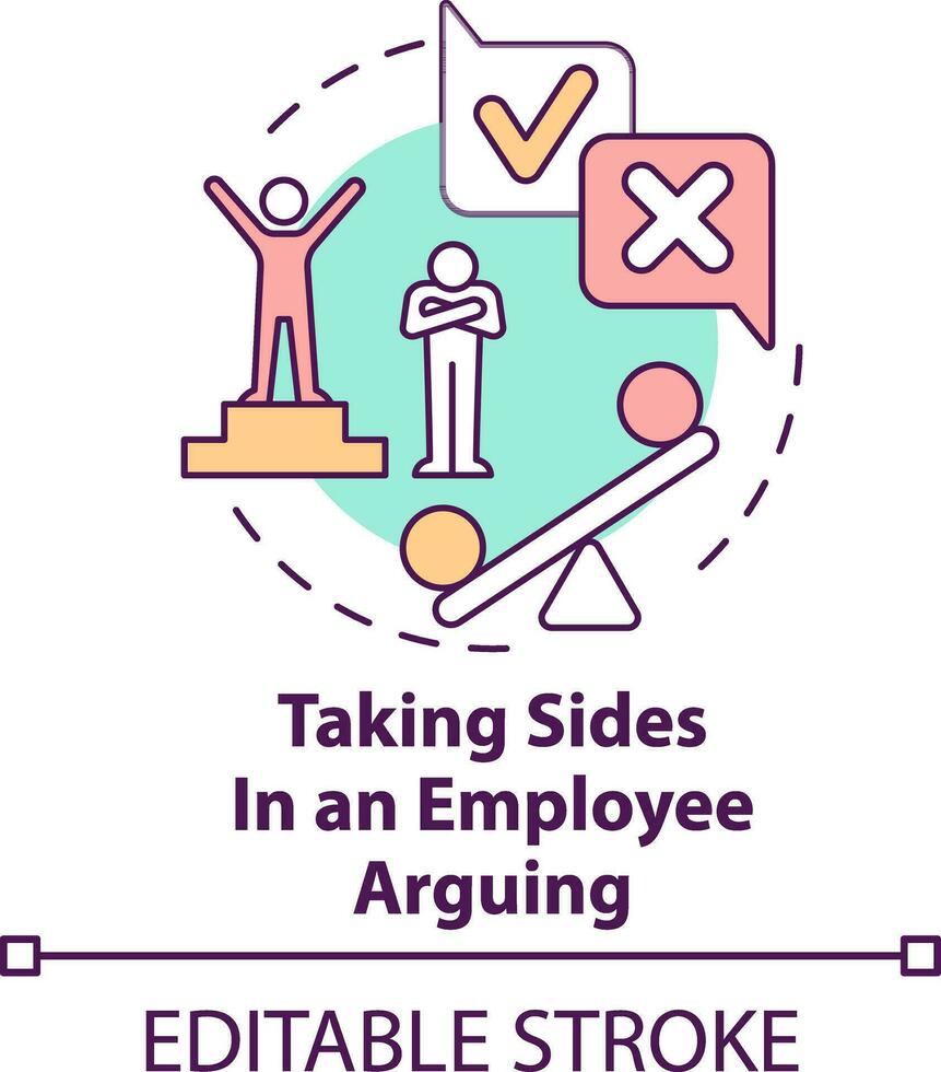 Taking sides in employee arguing concept icon. Unethical behavior in workplace abstract idea thin line illustration. Isolated outline drawing. Editable stroke vector