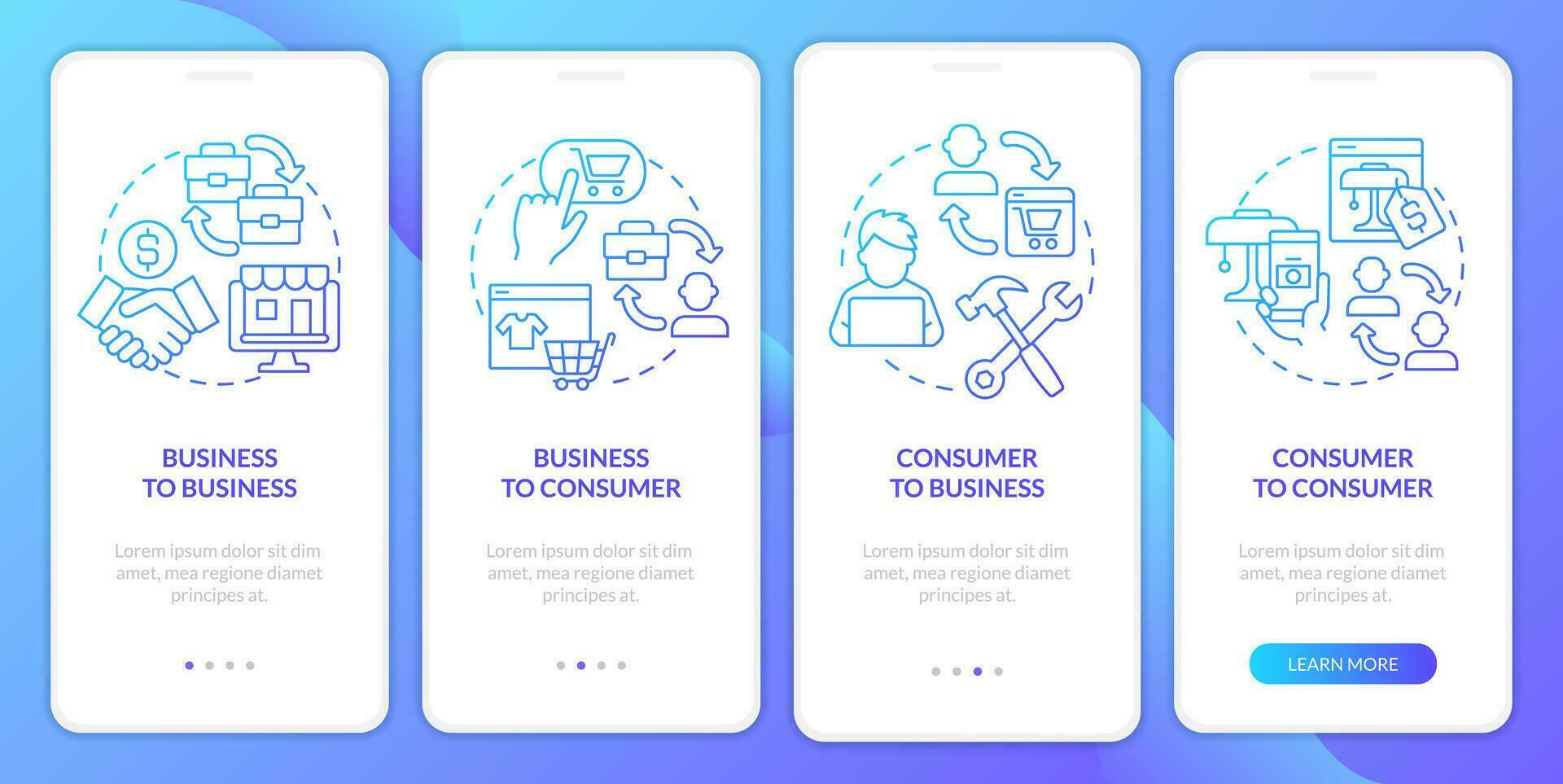 Online business models blue gradient onboarding mobile app screen. Walkthrough 4 steps graphic instructions with linear concepts. UI, UX, GUI templated vector