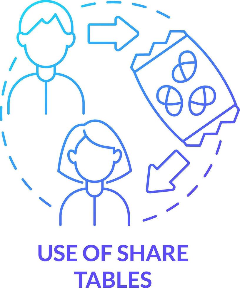 Use of share tables blue gradient concept icon. School lunch program importance abstract idea thin line illustration. Reduce food waste. Isolated outline drawing vector