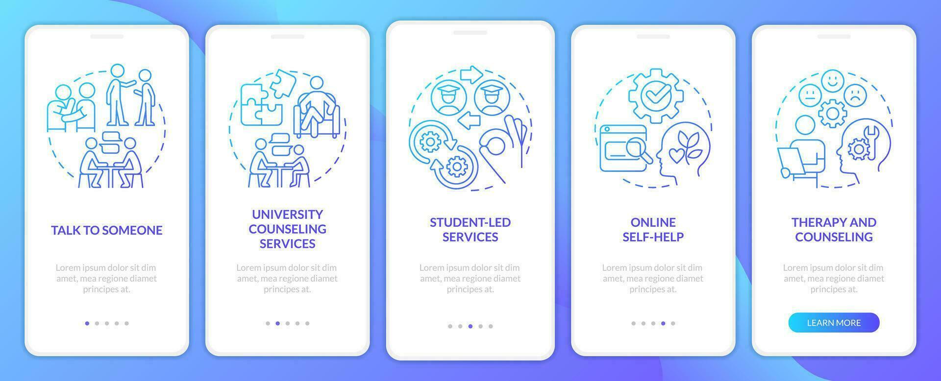 Addressing student mental health blue gradient onboarding mobile app screen. Walkthrough 5 steps graphic instructions with linear concepts. UI, UX, GUI templated vector