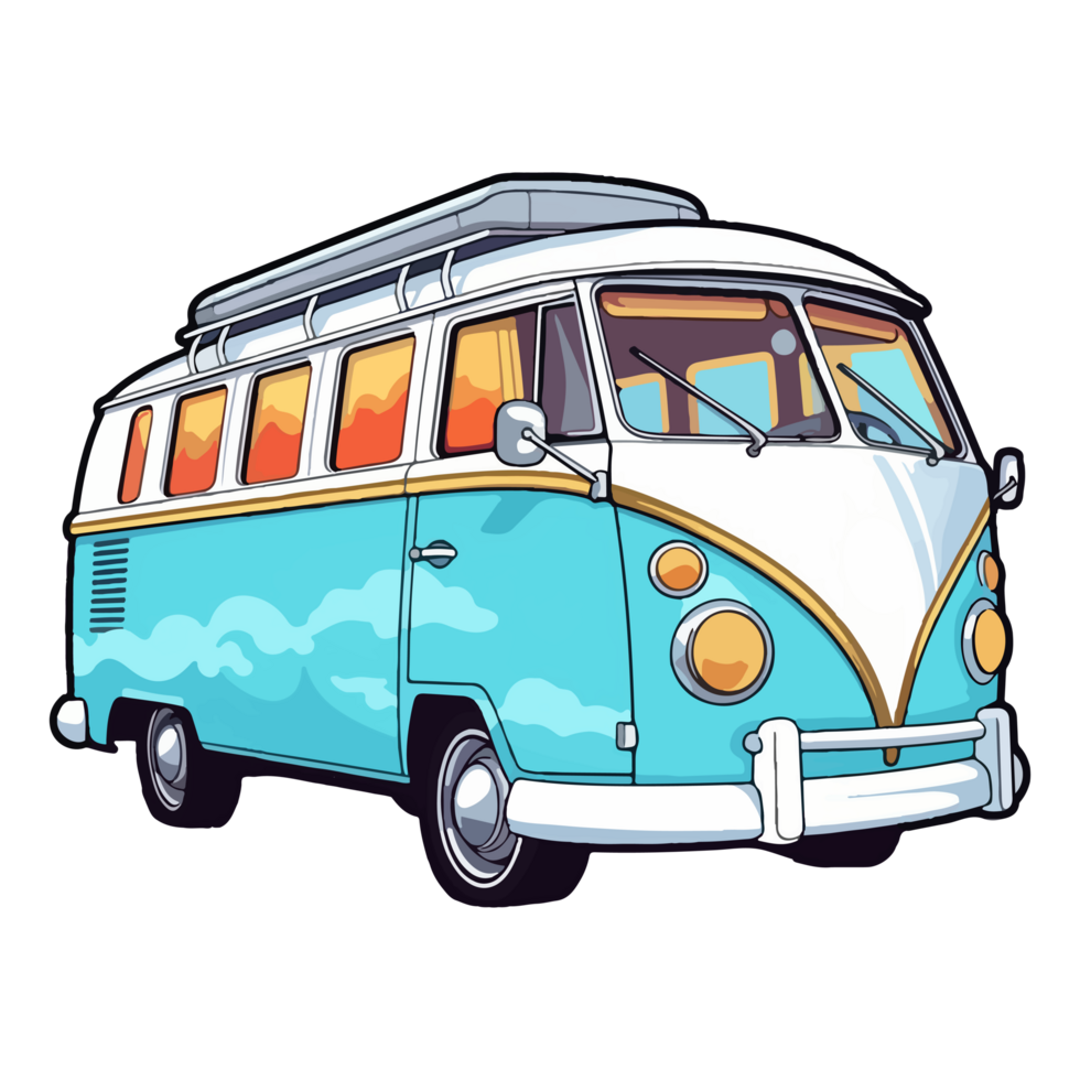 colorato retrò minivan camper auto moderno pop arte stile, retrò minivan camper auto etichetta, pastello carino colori, ai generato. png