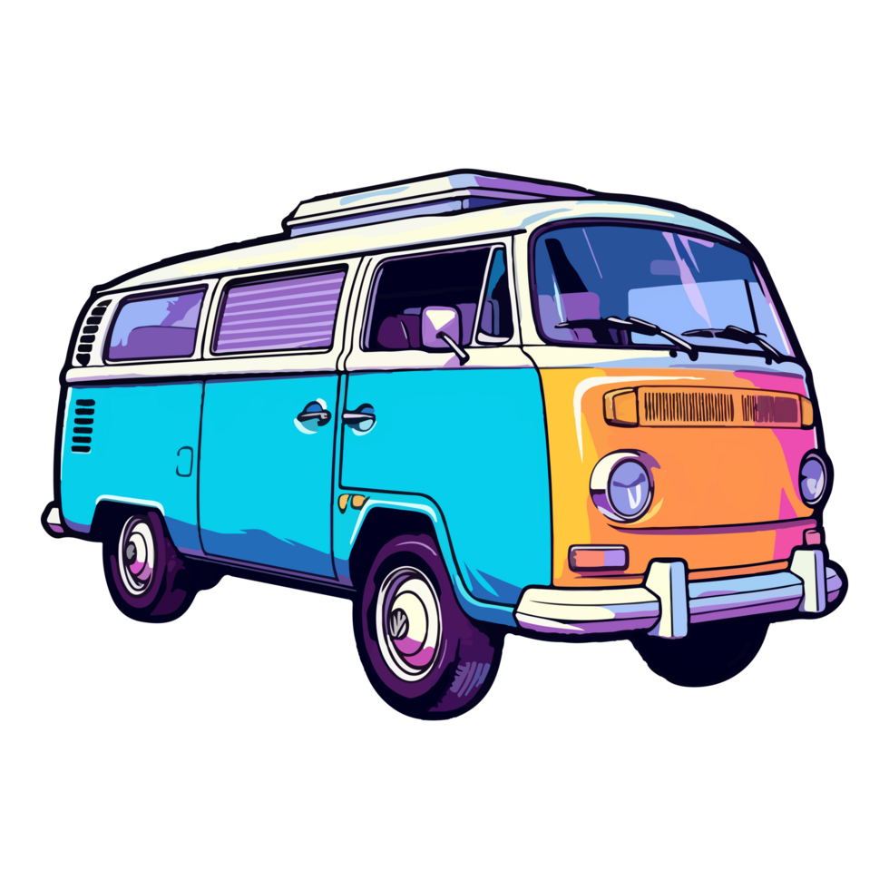 colorato retrò minivan camper auto moderno pop arte stile, retrò minivan camper auto etichetta, pastello carino colori, ai generato. png