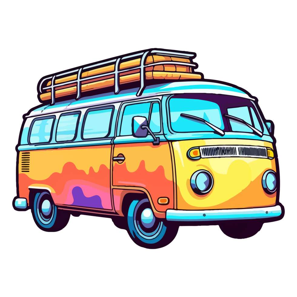 colorato retrò minivan camper auto moderno pop arte stile, retrò minivan camper auto etichetta, pastello carino colori, ai generato. png