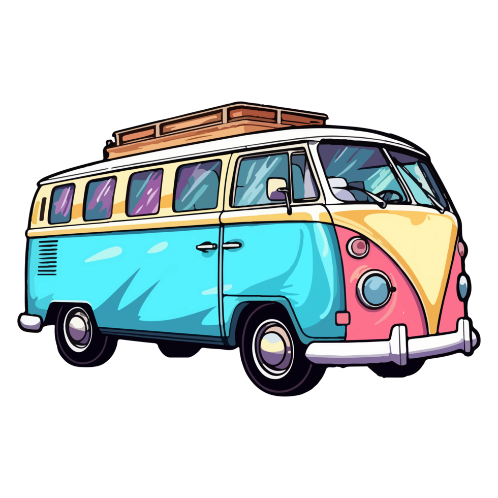 colorato retrò minivan camper auto moderno pop arte stile, retrò minivan camper auto etichetta, pastello carino colori, ai generato. png