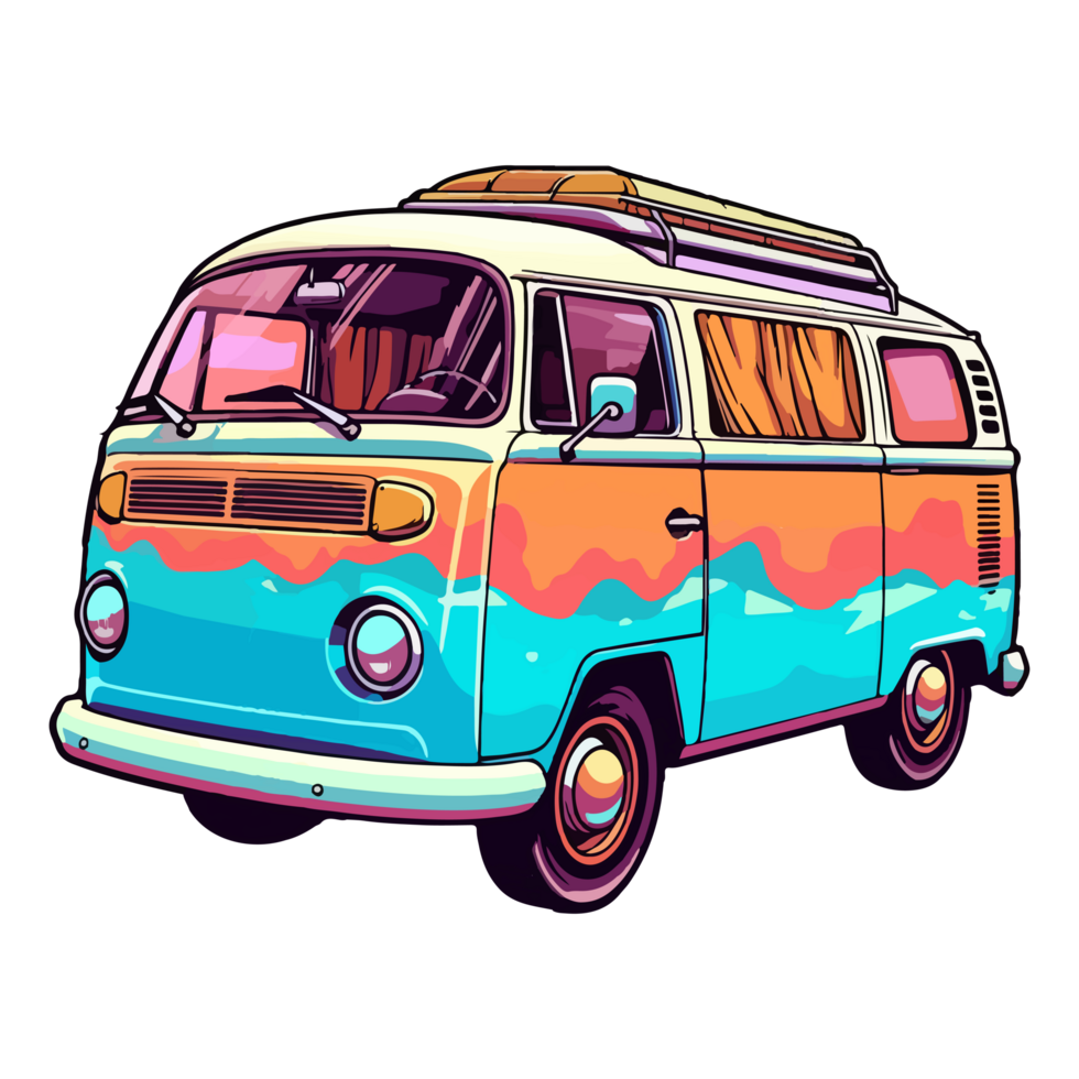 Colorful retro minivan camper car modern pop art style, retro minivan camper car Sticker, pastel cute colors, . png