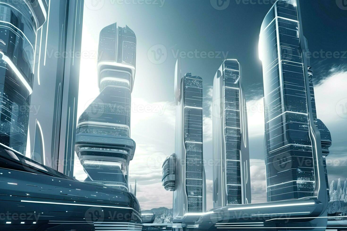 AI Generated Futuristic city with advanced technology and sleek architecture. photo