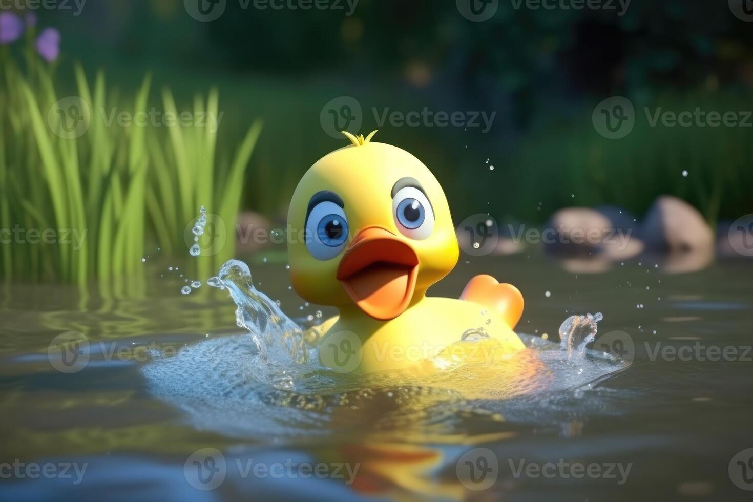 3D cartoon little duckling is splashing around in a pond, enjoying the cool water. photo