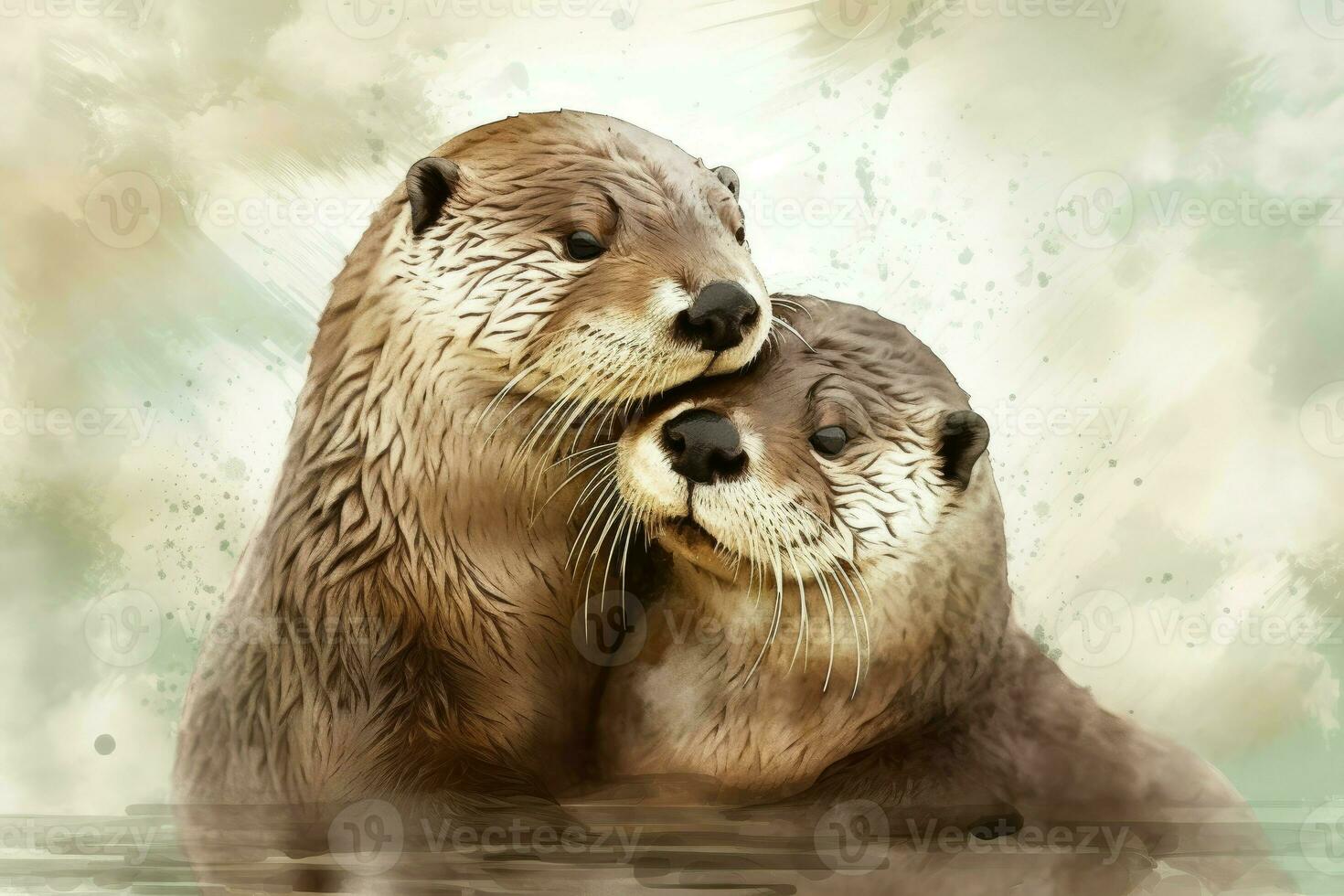 AI Generated Love between these two otters is evident in the way they cuddle and groom each other. Watercolor Painting. photo