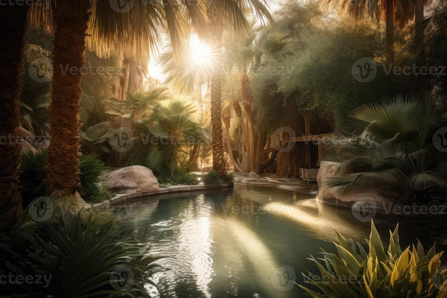 Desert oasis, with a sparkling pool of water surrounded by palm trees and other lush vegetation. photo
